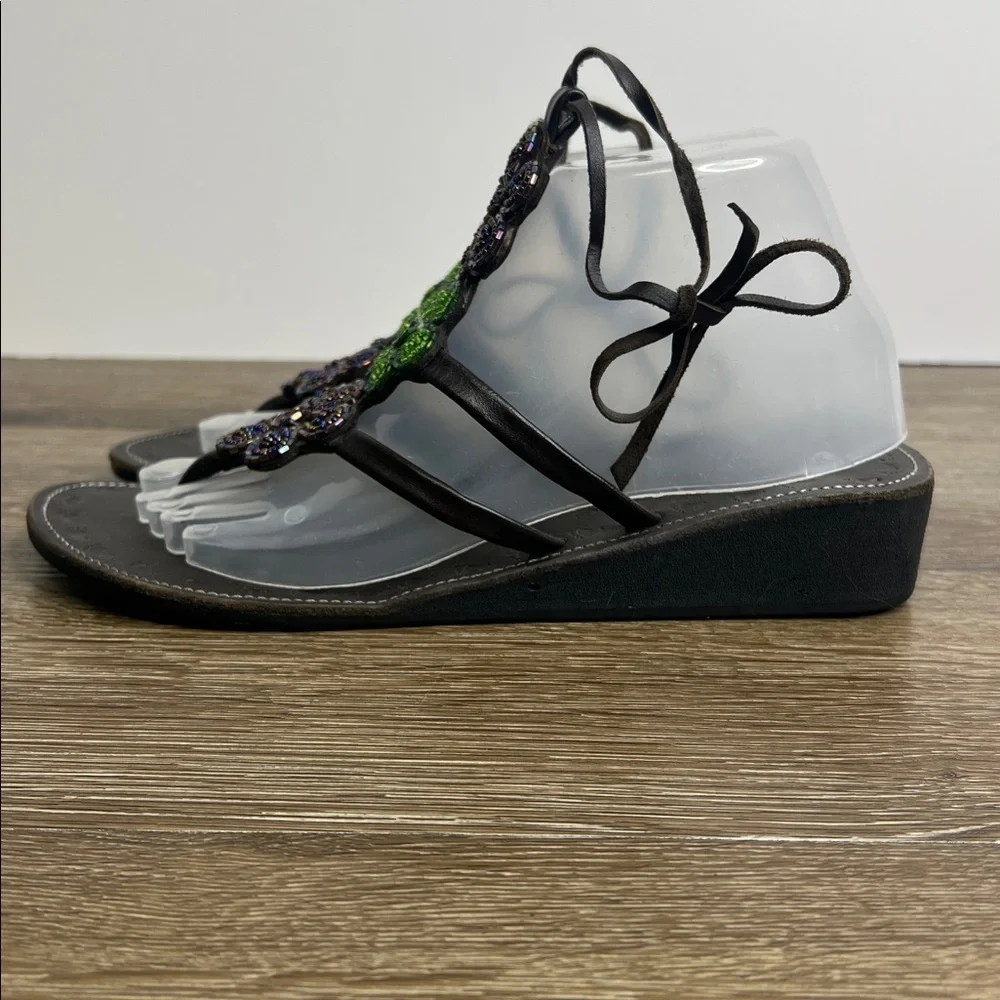 AZU’S Beaded Floral Leather Lace-Up Sandals – Size 38 (US 7)